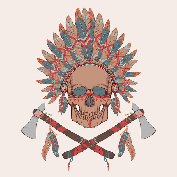 illustration vectorielle d'un crâne humain dans la coiffe de chef indien amérindien, tomahawks - Διάνυσμα, εικόνα