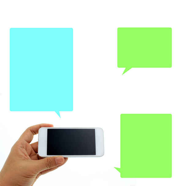Teléfono en mano - trabajar en un smartphone con discurso de apertura
 - Foto, imagen