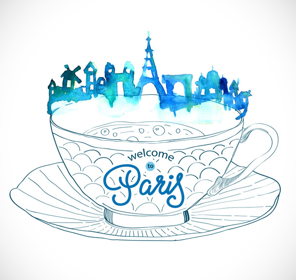 Paris skyline watercolor background - Vector, afbeelding