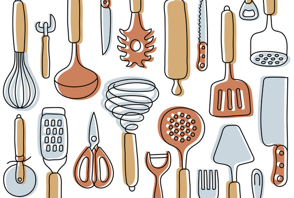 Kitchen knolling. Kitchenware sketch set. Doodle line vector utensils, tools and cutlery. Whisk, slotted spoon, scissors, rolling pin, ladle and spatula. Sieve, knife, spoon, fork, peeler and opener.  - Vector, Image