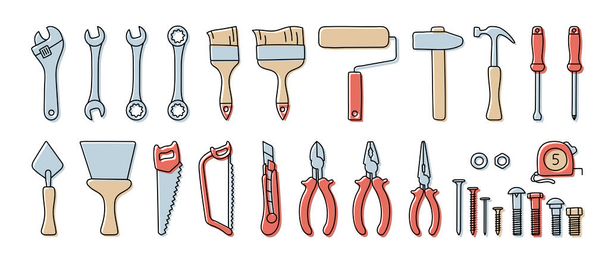 Construction tools vector set. Color doodle sketch. Adjustable wrench, brush, roller, hammer and nails. Screw, nut and bolt. Tape measure, screwdriver, putty knife, saw, pliers and wire cutters - Вектор,изображение
