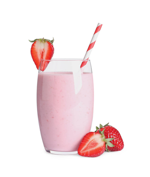 Delicious strawberry drink in glass on white background - Φωτογραφία, εικόνα