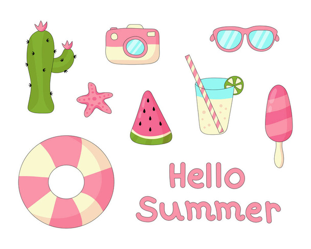 Doodle zomerset. Cactus, camera, zonnebril, zeester, watermeloen plak, cocktail, ijs, reddingsboei. Vectorillustratie  - Vector, afbeelding