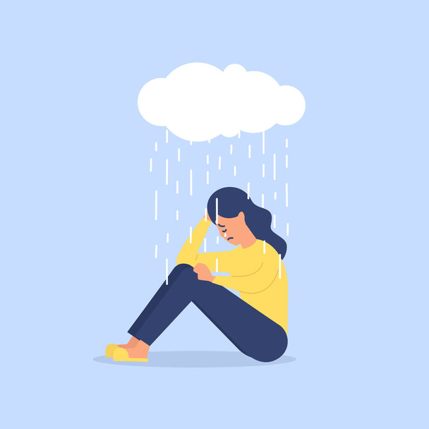 Młoda kobieta siedząca w deszczu, koncepcja depresji. Przygnębiona, nieszczęśliwa dziewczyna, kobieta siedząca pod deszczową chmurą. - Wektor, obraz