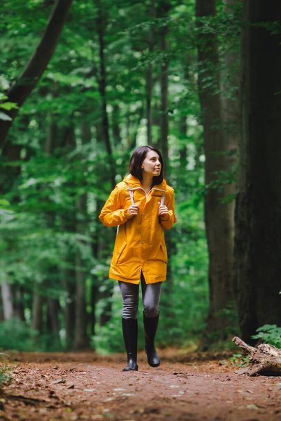 Μια γυναίκα με κίτρινο αδιάβροχο που περπατάει δίπλα σε βροχερό δάσος. οπίσθια όψη. αντίγραφο χώρου. μικροί άνθρωποι στον μεγάλο κόσμο - Φωτογραφία, εικόνα