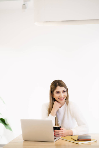 Smiling caucasian woman working on laptop - Zdjęcie, obraz