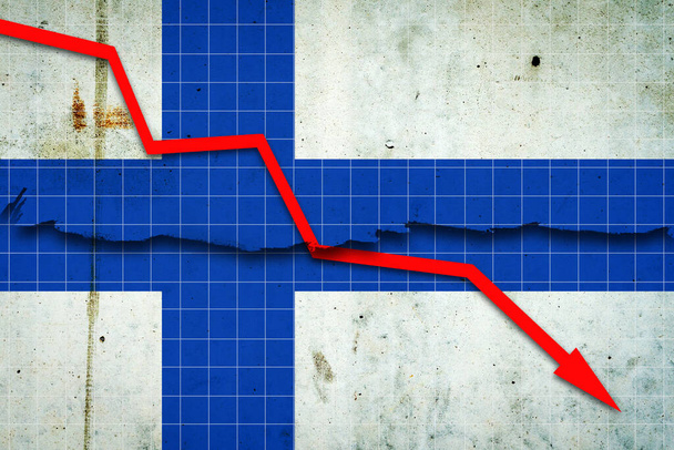 Падіння фінської економіки. Графік рецесії з червоною стрілою на прапорі Фінляндії. Економічний спад. Зниження економіки біржової торгівлі. Зростаючі тенденції в економіці. - Фото, зображення