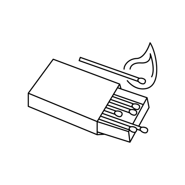 Ícone de caixa de fósforos branco preto linear. Pode ser usado como um adesivo, símbolo ou sinal. Ilustração vetorial simples isolada sobre fundo branco. Jogos na caixa para caminhadas, viagens. Jogo de contorno com fogo - Vetor, Imagem