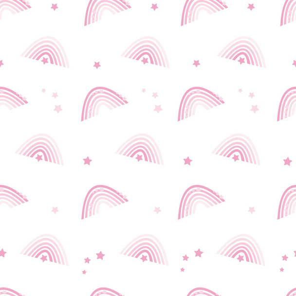 Schattig naadloos patroon van roze regenbogen met sterren. Boho print, textuur van leuke regenbogen, behang voor kinderkamer. Scandinavische boho stijl, kinderprint, pastelkleuren. voor baby 's en textiel. - Vector, afbeelding