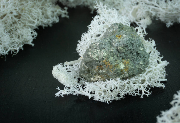 Çin veya Endonezya 'dan Arsenopyrite. Siyah arka planda, yosunlarla çevrili doğal bir mineral taşı. Mineraloji, jeoloji, sihir, yarı değerli taşlar ve mineral örnekleri. Yakın çekim makro fotoğraf - Fotoğraf, Görsel