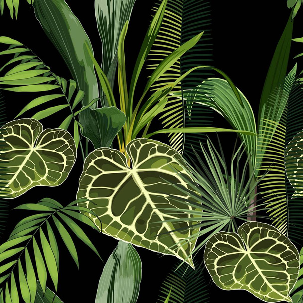 Floral seamless pattern, Alocasia plant, palm leaves on black background. - Vector, afbeelding