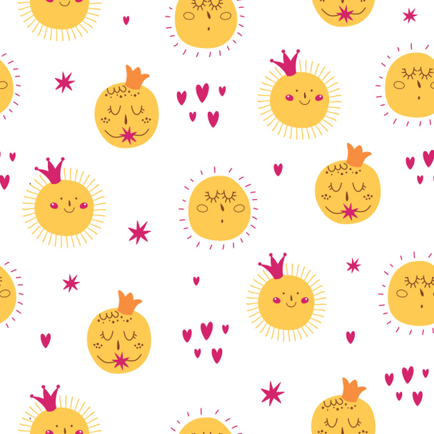 Kids sun pattern. Cute smiling sun character. Pink crown, hearts. Girly sunny seamless pattern. - Photo, Image