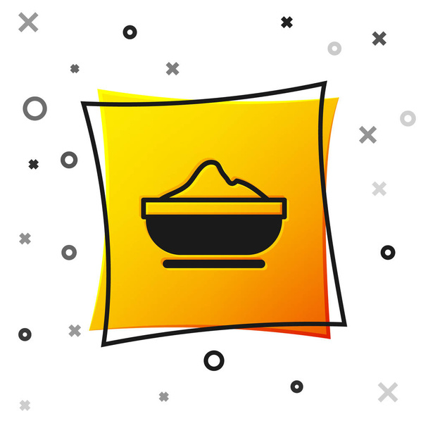 Icono del bol de harina negra aislado sobre fondo blanco. Ingredientes para hornear. Alimento orgánico saludable. Utensilios de cocina taza. Cocinar masa. Botón cuadrado amarillo. Vector - Vector, Imagen