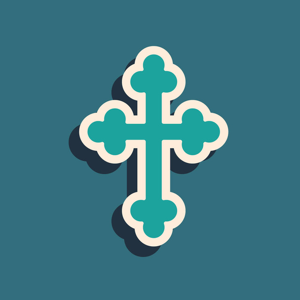 緑の背景に隔離された緑色のキリスト教徒の十字アイコン。教会の十字架。長い影のスタイル。ベクトル - ベクター画像