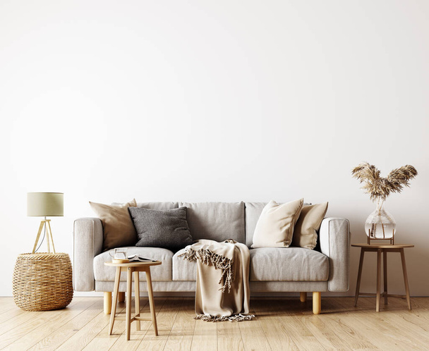 Design de interiores moderno da sala de estar em cores naturais com plantas secas decoração e vazio branco simular parede fundo 3D Renderização, ilustração 3D - Foto, Imagem