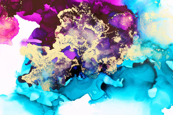 art photography of abstract fluid art painting with alcohol ink, blue, purple and gold colors - 写真・画像