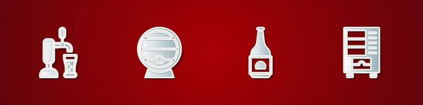 Definir torneira de cerveja com vidro, barril de madeira no rack, garrafa e ícone da máquina de venda automática. Vetor - Vetor, Imagem