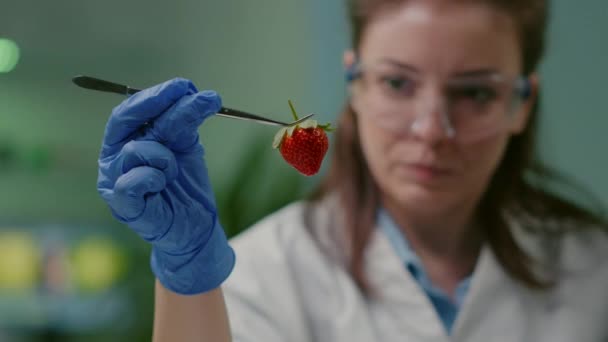 Primer plano de la mujer científica mirando fresa orgánica usando pinzas médicas - Metraje, vídeo