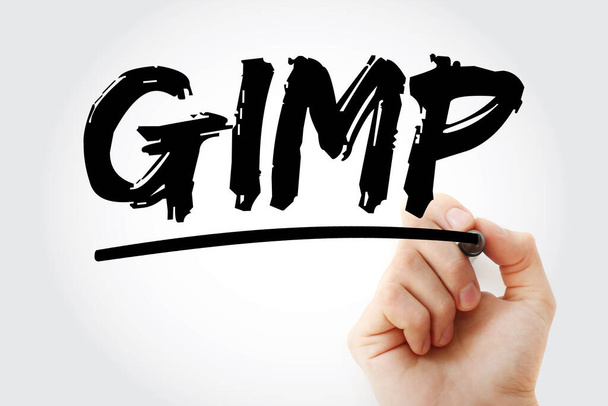 GIMP - Gnu Image Manipulation Program sigla com marcador, concept backgroun - Foto, Imagem