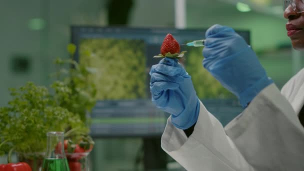 Primer plano químico científico inyectando fresa naturaleza con pesticidas químicos - Metraje, vídeo