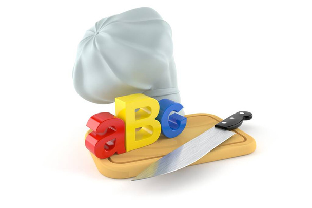 Texto ABC con tablero de cocina y sombrero de chef aislado sobre fondo blanco. ilustración 3d - Foto, Imagen