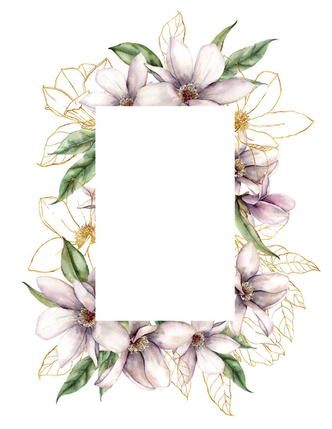 Akvarelové magnóliové rámy ze zlatých květů a lineárních listů. Ručně malované květinové okraje rostlin izolovaných na bílém pozadí. Jarní ilustrace pro design, tisk, tkaninu nebo pozadí. - Fotografie, Obrázek