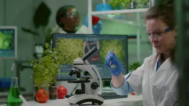 Wissenschaftlerin untersucht gentechnisch verändertes grünes Blatt - Filmmaterial, Video