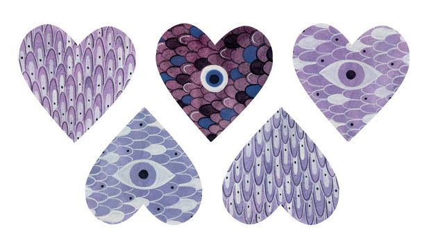 Acuarela pintada a mano conjunto de corazones púrpura - Foto, Imagen
