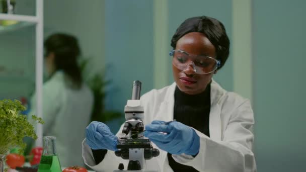 Retrato del científico tomando muestra de hoja con micropipeta poniendo en diapositiva - Imágenes, Vídeo