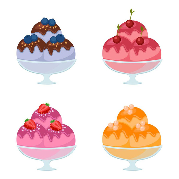 Set of ice cream with topping isolated on white background, vector illustration - Vector, Image