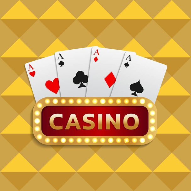 Inscripción casino letrero combinado con una combinación de cartas de cuatro ases. Se puede utilizar como logotipo, banner. Ilustración vectorial sobre fondo amarillo. - Vector, imagen