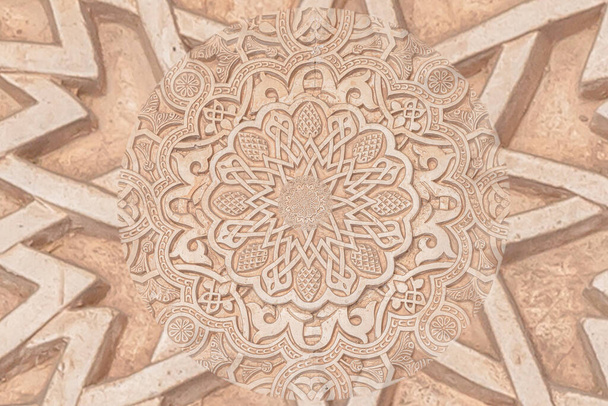 Fundo árabe remetendo à cultura islâmica. Design criado a partir de um detalhe arquitetônico do século XIII usando o efeito droste. - Foto, Imagem