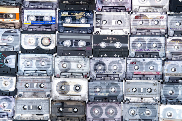 March 28,2021, Minsk, Belarus.A huge collection of audio cassettes. Retro music background. - Fotografie, Obrázek