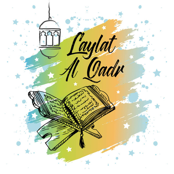 Laylat al-Qadr islamska uroczystość z Koranu i latarni. Karta okolicznościowa - Wektor, obraz