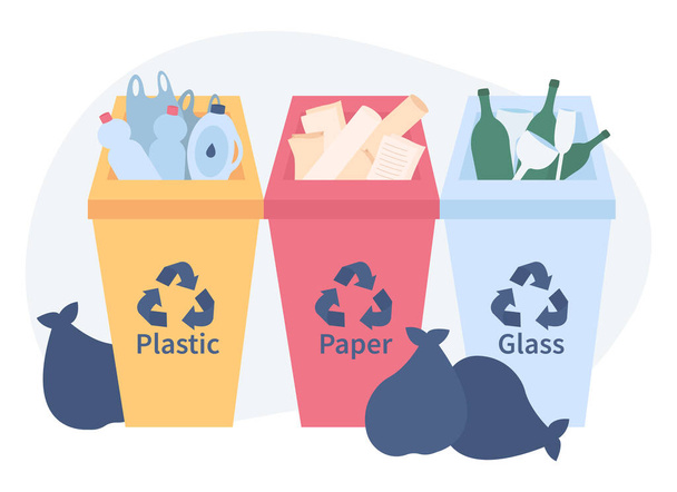 Different colored trash dumpsters with paper, plastic and glass suitable for recycling. Sorting garbage. Flat vector illustration on a white background. - Vector, Imagen