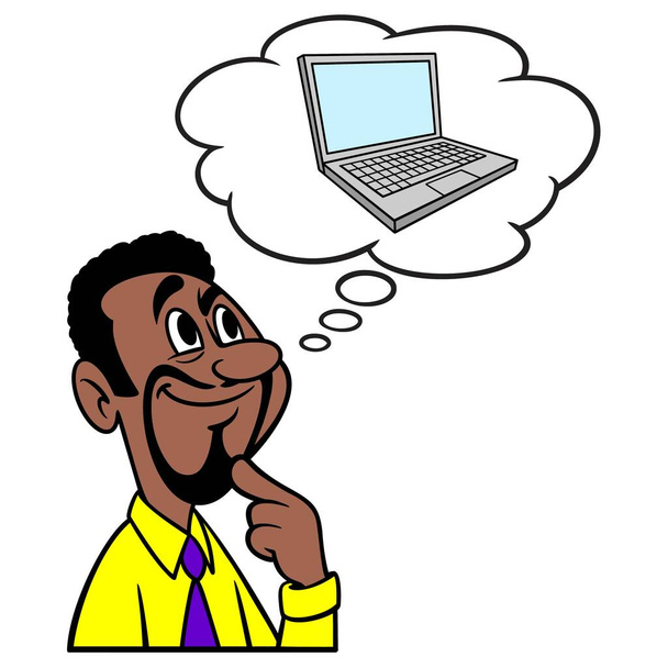 Homem pensando em um computador - Uma ilustração dos desenhos animados de um homem que pensa sobre um computador portátil novo para o trabalho. - Vetor, Imagem
