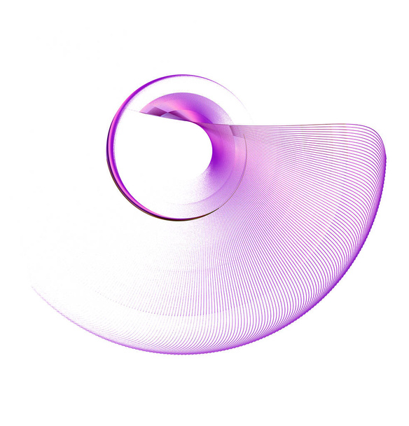 La elegante, transparente, rayada, hoja púrpura de un ventilador abstracto gira sobre un fondo blanco para formar un marco. Elemento de diseño gráfico. renderizado 3d. Ilustración 3d. Símbolo, signo, icono, logotipo. - Foto, Imagen