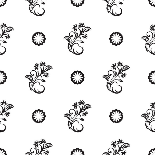 Nahtloses Schwarz-Weiß-Muster mit Blumen und Monogrammen im Simple-Stil. Gut für Hintergründe und Drucke. Vektorillustration. - Vektor, Bild
