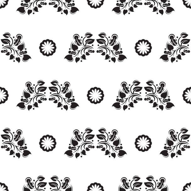Seamless black and white pattern with flowers and monograms in Simple style. Good for backgrounds, prints, apparel and textiles. Vector illustration. - Vetor, Imagem