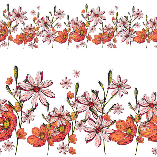 aquarel illustratie naadloos patroon. zomer vrolijke naadloze wilde bloemen grens, kleine lichte bloemen met donkere onderste bloemblaadjes en rode bloemen met geel centrum, groen gras - Foto, afbeelding