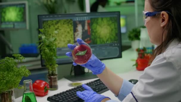 Kémikus kutató Petri-csészét tart vegán hússal a kezében - Felvétel, videó