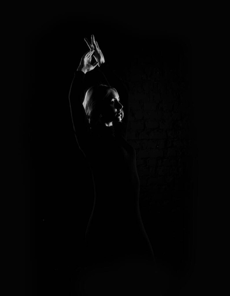 Black and white photography silhouette of a dancing woman. - Zdjęcie, obraz