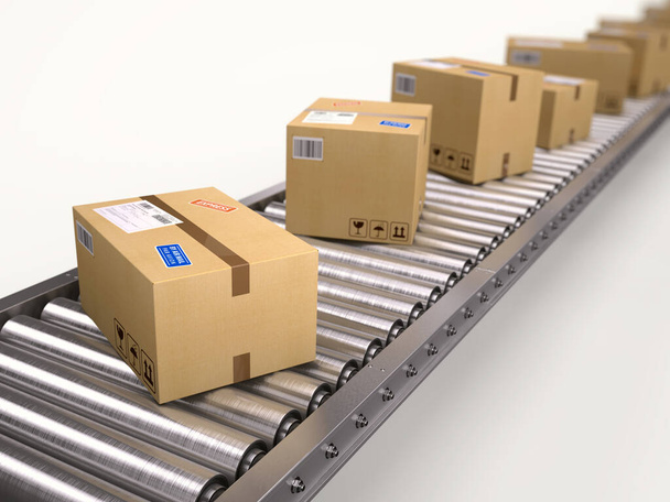Концепція доставки посилок - картонні коробки на конвеєрі. 3d візуалізація
 - Фото, зображення