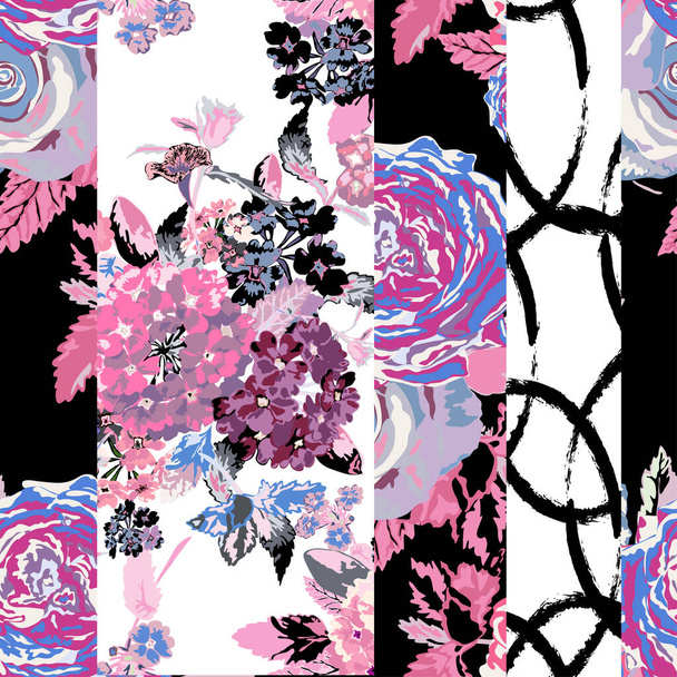 Elegant seamless pattern with verbena and rose flowers, design elements. Floral  pattern for invitations, cards, print, gift wrap, manufacturing, textile, fabric, wallpapers - Vektor, Bild