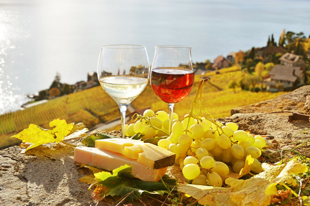 Два бокала, сыр и виноград
 - Фото, изображение