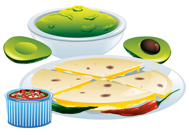 A quesadillák illusztrációja guacamollal és salsával - Vektor, kép