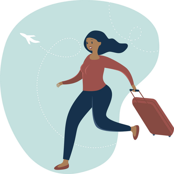 Mujer viajero con equipaje Personaje plano de dibujos animados. Concepto de viaje. Ilustración vectorial. - Vector, Imagen