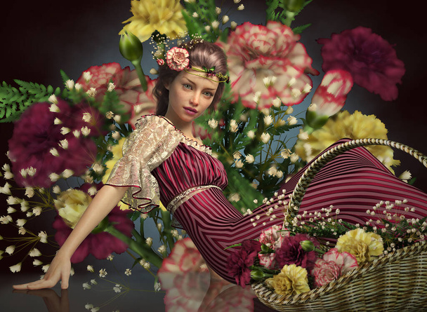 3d computer graphics of an enchanting girl with a basket of Carnations - Valokuva, kuva