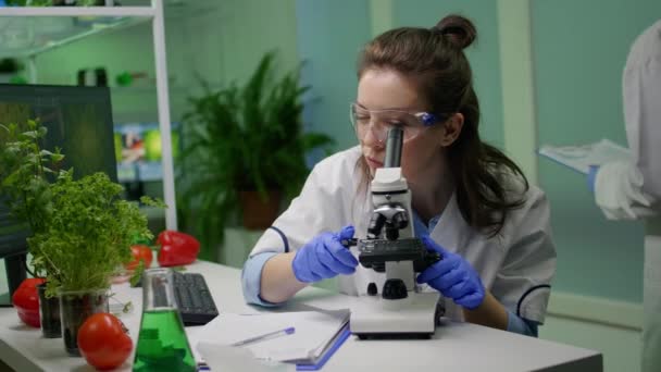 Biologo scienziato guardando campione foglia utilizzando microscopio medico - Filmati, video