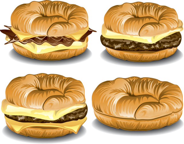 Разнообразные бутерброды с круассаном, включая бекон, яйцо и сыр, колбасные яйца и сыр. - Вектор,изображение